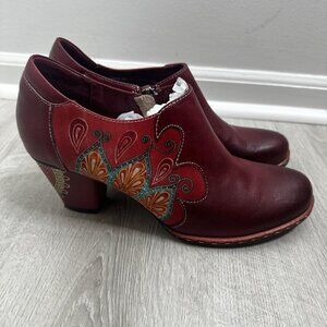 L'Artiste Spring Step Zami Booties Size 41 EU 9.5-10 US Red Leather Heels Floral